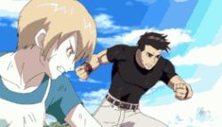  1girl 2boys animated animated_gif black_hair blonde_hair explosion fighting fist_bump halo_(game) halo_(series) halo_legends helmet lowres monster multiple_boys non-web_source spartan spartan-1337 