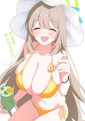  1girl :d ^_^ absurdres blonde_hair blue_archive blush breasts cleavage closed_eyes cream cup facing_viewer feeding halo hat highres holding holding_spoon huge_breasts incoming_food long_hair nano_(blueoekaki) navel nonomi_(blue_archive) nonomi_(swimsuit)_(blue_archive) open_mouth simple_background sitting smile solo spoon stomach sun_hat swimsuit very_long_hair white_background white_hat 