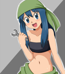 1girl :d alternate_costume bad_id bad_pixiv_id bandana bandeau black_bandeau blue_eyes blue_hair blush collarbone commentary_request cosplay creatures_(company) dawn_(pokemon) eyelashes fullmetal_alchemist game_freak green_bandana green_pants hand_up holding holding_wrench kuro_hopper long_hair looking_at_viewer navel nintendo open_mouth outline pants pokemon pokemon_(anime) pokemon_dppt_(anime) smile solo tongue toyoguchi_megumi voice_actor_connection winry_rockbell winry_rockbell_(cosplay) wrench