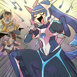  1boy 3girls arceus bad_singing black_hair blue_hair breasts chest_jewel covering_own_ears creatures_(company) crown diadem dialga earrings fang game_freak gen_4_pokemon giratina giving_up_the_ghost grey_hair instrument jewelry kasugai_(de-tteiu) large_breasts legendary_pokemon microphone multicolored_hair multiple_earrings multiple_girls music mythical_pokemon nintendo palkia personification pink_hair pokemon ponytail shaded_face singing solid_circle_eyes sweatdrop tail tambourine trap white_hair wings 