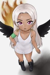  1girl alternate_eye_color angel_wings antigens armband bare_arms bare_legs bare_shoulders black_footwear black_wings blood boots collarbone dark-skinned_female dark_skin dress earrings female_focus fire flat_chest foreshortening from_above full_body green_armband green_blood highres jewelry legs_apart lips loli long_hair one_piece perspective purple_eyes s-snake see-through see-through_dress seraphim_(one_piece) shadow short_dress sidelighting simple_background sleeveless sleeveless_dress snake_earrings solo standing star-shaped_pupils star_(symbol) symbol-shaped_pupils tsurime v-shaped_eyebrows white_background white_dress white_hair wings  rating:Sensitive score:27 user:fav-gotes
