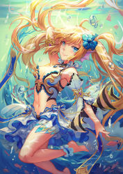1girl afloat ankle_garter arm_behind_head armlet atdan bad_id bad_pixiv_id bare_shoulders barefoot blonde_hair blue_eyes breasts cleavage detached_sleeves fins floating floating_hair flower gradient_background hair_flower hair_ornament head_fins land_of_caromag long_hair looking_at_viewer midriff official_art original outstretched_arm smile solo submerged twintails underwater water rating:Sensitive score:20 user:danbooru