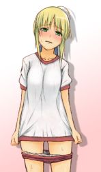 1girl ahoge alternate_costume artoria_pendragon_(all) artoria_pendragon_(fate) blonde_hair blush bow bow_panties buruma covering_privates covering_crotch fate/stay_night fate/zero fate_(series) green_eyes gym_uniform kosuke_haruhito panties panty_pull saber_(fate) simple_background solo sweat sweatdrop thighs underwear rating:Questionable score:38 user:danbooru