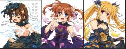  3girls bardiche_(nanoha) bare_back bare_shoulders blonde_hair blue_eyes blush breasts brown_hair cleavage closed_mouth dated dress fate_testarossa hair_ornament hair_scrunchie highres long_hair looking_at_viewer looking_back lyrical_nanoha mahou_shoujo_lyrical_nanoha mahou_shoujo_lyrical_nanoha_a&#039;s multiple_girls one_eye_closed open_mouth red_eyes san-pon scrunchie short_hair shoulder_blades signature simple_background small_breasts smile star_(symbol) star_hair_ornament takamachi_nanoha twintails upper_body white_background yagami_hayate 