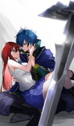  black_footwear blue_cape blue_eyes blue_hair blue_skirt bow bowtie cape collared_jacket couple erza_scarlet eye_contact facing_another fairy_tail frilled_shirt frills hair_between_eyes hand_on_another&#039;s_face hetero high_collar highres jacket jellal_fernandes long_hair long_sleeves looking_at_another parted_lips red_eyes red_hair shirt short_hair sidelocks sitting sitting_on_lap sitting_on_person skirt sleeveless spiked_hair sword weapon white_shirt yae_chitokiya 