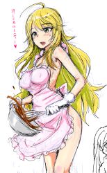  1girl apron blonde_hair blush breasts clearite green_eyes heart highres hoshii_miki idolmaster idolmaster_(classic) long_hair naked_apron open_mouth sketch smile solo translation_request very_long_hair  rating:Questionable score:7 user:danbooru