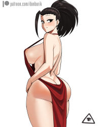 1girl :3 areola_slip ass back black_eyes black_hair blush boku_no_hero_academia breasts butt_crack closed_mouth donburi_(donburikazoku) dress earrings halterneck high_ponytail highres huge_ass jewelry large_breasts long_hair looking_at_viewer pearl_earrings pelvic_curtain ponytail red_dress sideboob simple_background smile solo thick_thighs thighs tsurime white_background yaoyorozu_momo rating:Questionable score:91 user:danbooru