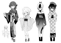  4girls alternate_costume aru_(blue_archive) blue_archive closed_mouth demon_horns full_body greyscale hair_between_eyes haruka_(blue_archive) horns japanese_clothes kayoko_(blue_archive) kimono long_hair long_sleeves monochrome multiple_girls mutsuki_(blue_archive) no_halo nogiwa_kaede open_mouth shoes simple_background smile socks white_background wide_sleeves 