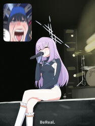  1girl 2girls atsuko_(blue_archive) baseball_cap black_hair blue_archive blush breasts closed_eyes crossed_legs crying crying_with_eyes_open fan_screaming_at_madison_beer_(meme) hair_between_eyes halo hat highres holding holding_microphone inset leotard meme microphone multiple_girls open_mouth purple_hair saori_(blue_archive) sitting smile socks streaming_tears tears white_socks 