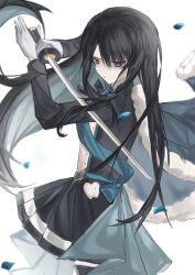  1girl 7026jaja ado_(utaite) belt black_dress black_hair blue_belt blue_cape blue_eyes blue_hair cape chando_(ado) chinese_commentary closed_mouth cloud_nine_inc colored_inner_hair commentary_request dress falling_petals floating_hair fur-trimmed_cape fur_trim gloves highres holding holding_sword holding_weapon long_hair long_sleeves mole mole_under_eye multicolored_hair petals pleated_dress sidelocks solo sword utaite weapon white_background white_gloves 