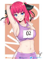  1girl :q arm_behind_head armpits black_ribbon blue_eyes blunt_bangs breasts butterfly_hair_ornament character_name commentary english_commentary facebook_username go-toubun_no_hanayome hair_ornament large_breasts looking_at_viewer nakano_nino navel patreon_username pink_hair purple_shorts purple_sports_bra ribbon short_hair short_shorts shorts sideboob simple_background smile solo sports_bra syyn_(syyndev) tongue tongue_out track_uniform twitter_username two_side_up 
