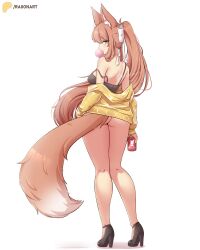 1girl absurdres animal_ear_fluff animal_ears artist_name ass bare_shoulders black_footwear black_tank_top blowing_bubbles bottomless bow breasts brown_hair can chewing_gum commentary doki_doki_literature_club drop_shadow english_commentary floating_hair fox_ears fox_girl fox_tail from_behind full_body green_eyes hair_bow high_heels high_ponytail highres holding holding_can jacket long_hair long_sleeves looking_at_viewer looking_back medium_breasts monika_(doki_doki_literature_club) off_shoulder open_clothes patreon_logo patreon_username ponytail raion_(raionart) sidelocks simple_background solo standing strap_slip tail tank_top white_background white_bow yellow_jacket 