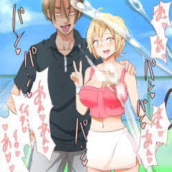  1boy 1girl :d :p ahoge baby_steps bad_id bad_pixiv_id blonde_hair breasts brown_eyes character_request cheating_(relationship) collared_shirt cum ejaculation fence hair_between_eyes hand_on_another&#039;s_shoulder hand_on_own_hip hetero large_breasts midriff navel netorare netorase open_mouth photo_(object) racket shirt shorts skirt smile special_g_(spg) takasaki_natsu tank_top tennis_racket tongue tongue_out translation_request wristband 