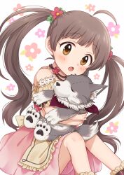  1girl ahoge animal animal_hug bare_shoulders blush breasts brown_eyes brown_hair dog dot_nose floral_background flower flower_necklace from_side hair_flower hair_ornament hakozaki_serika hiiringu idolmaster idolmaster_million_live! idolmaster_million_live!_theater_days jewelry knees_up long_hair looking_at_viewer necklace open_mouth pink_skirt red_flower shirt sitting skirt small_breasts solo twintails very_long_hair white_background yellow_shirt 