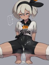 ... 1girl arms_behind_back barefoot bea_(pokemon) blush bodysuit bodysuit_under_clothes breasts commentary_request covered_navel creatures_(company) cum cum_on_clothes dark-skinned_female dark_skin game_freak grey_background grey_eyes grey_hair gym_leader hair_between_eyes hairband highres ie_(raarami) looking_at_viewer nintendo pokemon pokemon_swsh short_hair short_sleeves simple_background solo spread_legs squatting rating:Explicit score:210 user:danbooru
