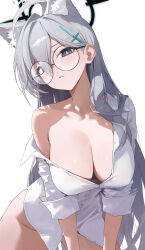  1girl absurdres ahoge animal_ear_fluff animal_ears bespectacled blue_archive blue_eyes breasts cleavage collared_shirt cowboy_shot cross_hair_ornament dark_halo extra_ears glasses grey_hair hair_ornament halo highres large_breasts long_hair looking_at_viewer mismatched_pupils no_panties open_mouth round_eyewear shiroko_(blue_archive) shiroko_terror_(blue_archive) shirt simple_background solo toi1et_paper white_background white_shirt wolf_ears 