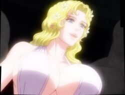  3rd_party_edit aphrodite_(record_of_ragnarok) aphrodite_(shuumatsu_no_valkyrie) blonde_hair blue_eyes breasts flower flower_on_head huge_breasts stitched third-party_edit 