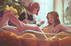  2girls bathing bigrbear breasts brown_hair cake cake_slice chinese_commentary commentary_request completely_nude consensual_tentacles food green_eyes highres indoors long_hair maid maid_headdress multiple_girls nipples nude open_mouth original partially_submerged pointy_ears pussy red_eyes red_hair short_hair slime_(creature) small_breasts tentacle_sex tentacles uncensored vaginal 