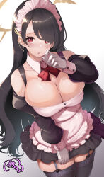  1girl absurdres alternate_costume apron black_garter_straps black_hair black_skirt black_sleeves black_thighhighs blue_archive blush bow bowtie breasts brown_halo cleavage commentary_request cross cross_earrings curvy detached_sleeves earrings enmaided garter_straps garuru_(thrw4724) gloves gradient_background grey_background halo highres hinata_(blue_archive) huge_breasts jewelry long_hair looking_at_viewer maid maid_apron red_bow red_bowtie red_eyes simple_background skirt solo standing thighhighs thighs white_background white_gloves 