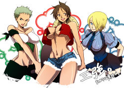  3girls armband bad_id bad_pixiv_id bikini bikini_top_only blonde_hair blue_eyes breasts brown_eyes brown_hair denim denim_shorts dorina earrings female_focus genderswap genderswap_(mtf) green_eyes green_hair hair_over_one_eye haramaki hat huge_breasts jewelry large_breasts luffyko midriff monkey_d._luffy multiple_girls navel necktie one_piece open_clothes open_mouth open_shirt revealing_clothes roronoa_zoro sanji_(one_piece) scar shirt short_hair short_shorts shorts spiked_hair straw_hat swimsuit thighhighs undone unzipped v_arms  rating:Sensitive score:99 user:dragafire