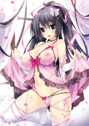  1girl babydoll black_hair blush bow breasts bridal_gauntlets covered_erect_nipples hair_between_eyes hair_ribbon lace lace-trimmed_legwear lace_trim large_breasts lingerie long_hair looking_at_viewer navel nipples open_mouth original oryo_(oryo04) panties petals pink_babydoll pink_panties red_eyes ribbon see-through smile solo thighhighs underwear white_thighhighs  rating:Questionable score:68 user:danbooru