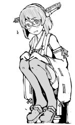  1girl bob_cut boots detached_sleeves glasses greyscale hairband headgear inverted_bob kantai_collection kirishima_(kancolle) looking_at_viewer monochrome nontraditional_miko ribbon-trimmed_sleeves ribbon_trim short_hair smile solo squatting task_(s_task80) thigh_boots thighhighs 