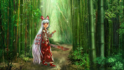 1girl absurdres bamboo bamboo_forest bamboo_forest_of_the_lost blood bloody_weapon bow colored_eyelashes day artistic_error female_focus forest fujiwara_no_mokou full_body hair_bow highres limfoman long_hair looking_at_viewer machete nature open_mouth outdoors red_eyes self-upload solo standing touhou very_long_hair weapon wrong_hand