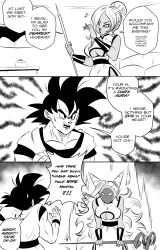  1boy 1girl absurdres angry breasts chi-chi_(dragon_ball) chi-chi_(dragon_ball)_(cosplay) china_dress chinese_clothes clothing_cutout comic commentary cosplay dougi dragon_ball dragon_ball_heroes dragon_ball_xenoverse dress earrings english_commentary english_text funsexydb greyscale hair_bun hair_horns hair_over_one_eye highres holding holding_staff jewelry large_breasts long_hair monochrome pointy_ears potara_earrings shaded_face side_slit single_hair_bun son_goku staff towa_(dragon_ball) underboob underboob_cutout very_long_hair wristband  rating:Sensitive score:18 user:danbooru