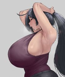  1girl adjusting_hair ahoge armpits arms_up bad_id bad_pixiv_id breasts closed_eyes commentary denim eyelashes gigantic_breasts grey_background highres huge_breasts jeans krekkov long_hair mole mole_under_mouth open_mouth original pants parted_lips ponytail profile shirt sideboob simple_background sleeveless solo standing steam sweat taut_clothes taut_shirt tying_hair  rating:Questionable score:293 user:danbooru