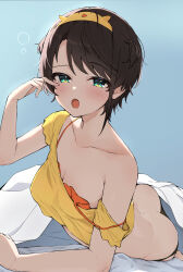  1girl absurdres aqua_eyes ass bed_sheet blush breasts brown_hair butt_crack camisole cleavage commentary_request drooling gradient_background grey_background highres hololive kakeru_(kakeruanim) large_breasts looking_at_viewer lying mouth_drool official_alternate_costume on_bed on_stomach oozora_subaru oozora_subaru_(loungewear) open_mouth orange_camisole rubbing_eyes shirt short_hair short_sleeves simple_background single_bare_shoulder single_off_shoulder solo very_short_hair virtual_youtuber yellow_shirt 