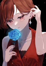 1girl absurdres adjusting_hair bare_arms bare_shoulders black_background blue_flower blue_rose blush brown_hair closed_mouth commentary_request dress earrings flower halter_dress halterneck hands_up highres higuchi_madoka holding holding_flower idolmaster idolmaster_shiny_colors jewelry looking_at_viewer mizuumi mole mole_under_eye nail_polish necklace pearl_necklace portrait red_dress red_eyes red_nails rose short_hair simple_background sleeveless sleeveless_dress smile solo rating:General score:5 user:danbooru