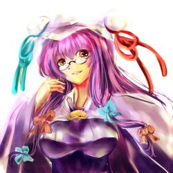  1girl bespectacled cape female_focus glasses hat long_hair long_sleeves patchouli_knowledge purple_hair red_eyes ryuufa smile solo touhou white_background wide_sleeves 