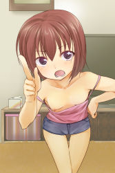 1girl absurdres bare_shoulders black_eyes blue_shorts blush bob_cut breasts cameltoe camisole commentary downblouse foreshortening hand_on_own_hip highres leaning_forward living_room nipple_slip nipples no_bra open_mouth original pakumi picture_frame pink_camisole pink_shirt pointing red_hair scolding shirt short_hair short_shorts shorts small_breasts solo strap_slip television thigh_gap tissue_box rating:Questionable score:62 user:danbooru