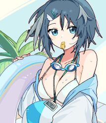  1girl aqua_eyes arknights ball beachball bikini blowing_whistle blue_background blue_hair breasts commentary dot_nose feather_hair goggles goggles_around_neck hair_ornament hairclip holding holding_ball holding_beachball id_card innertube jacket la_pluma_(arknights) la_pluma_(summer_flowers)_(arknights) large_breasts looking_at_viewer maguro_kan off_shoulder official_alternate_costume outline palm_tree short_hair solo swim_ring swimsuit tree two-tone_background upper_body whistle white_background white_bikini white_jacket wing_hair_ornament  rating:Sensitive score:5 user:danbooru