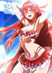  1girl absurdres armpits arms_behind_back arms_up bare_shoulders bikini bikini_skirt blue_sky blush breasts cloud cordelia_(fire_emblem) cordelia_(summer)_(fire_emblem) cowboy_shot day fire_emblem fire_emblem_awakening fire_emblem_heroes frilled_bikini frills hair_between_eyes hair_ornament halterneck highres long_hair looking_at_viewer medium_breasts navel nintendo open_mouth outdoors presenting_armpit red_bikini red_eyes red_hair sky smile solo standing stomach sweat swimsuit to_(tototo_tk) very_long_hair wing_hair_ornament 