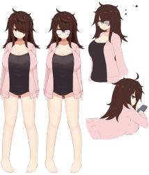 1girl ass breasts brown_hair character_sheet cleavage expressionless glasses green_eyes highres large_breasts messy_hair mole mole_under_eye multiple_views ocha_(ochappie) one_eye_covered sweater thighs rating:Questionable score:60 user:cheezeit