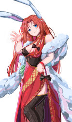  1girl absurdres alternate_costume black_bow black_thighhighs blue_eyes bow braid breasts china_dress chinese_clothes cleavage closed_mouth commentary dress fur_scarf hair_bow highres hong_meiling hong_meiling_(bunny_scarlet_devil_mansion_guard) leotard long_hair looking_at_viewer playboy_bunny red_dress red_hair simple_background solo thighhighs touhou touhou_lostword vanilla_flan white_background 