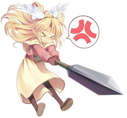  &gt;_&lt; 1girl acolyte_(ragnarok_online) anger_vein blonde_hair blush brown_gloves brown_pantyhose brown_shirt capelet closed_eyes closed_mouth commentary_request fake_wings fujishiro_touma full_body gloves head_wings holding holding_weapon long_hair long_sleeves mace pantyhose ragnarok_online shirt shoes simple_background skirt solo spoken_anger_vein weapon white_background white_capelet white_skirt white_wings wings 