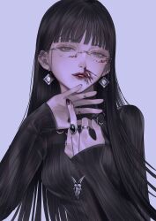  1girl absurdres black_hair black_sweater blood blood_on_face breasts earrings glasses highres jewelry long_hair mano_aaa middle_finger nosebleed original ring sweater teeth 