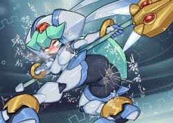  1girl adapted_costume anus armor ass bent_over black_skin blush cameltoe censored colored_skin covered_erect_nipples cum cum_in_ass cum_in_pussy from_behind full_body highres holding holding_staff mega_man_(series) mega_man_zx model_w_(mega_man) mosaic_censoring motion_lines pandora_(mega_man) pochincoff pussy red_eyes rolling_eyes saliva solo staff tongue tongue_out translation_request twitching white_armor white_helmet 