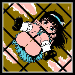  1girl anus black_footwear black_hair blue_dress blue_eyes blush cloud dress famicom_disk_system from_below full_body hairband happy jungle_gym limited_palette lipstick_#1:lolita_hen loli long_hair looking_at_viewer looking_down mimi_(company) no_panties outdoors pixel_art pussy saiwai_hiroshi shoes sky smile socks solo white_socks  rating:Explicit score:63 user:cpee