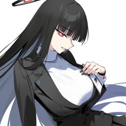  1girl black_hair black_nails blazer blue_archive breasts bright_pupils fingernails jacket large_breasts long_hair looking_at_viewer nail_polish red_eyes rio_(blue_archive) simple_background sitting smile solo sweater turtleneck turtleneck_sweater white_background white_pupils white_sweater xiaoxiao_de_kuangsan  rating:Sensitive score:6 user:danbooru