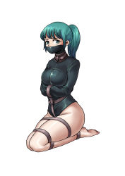  1girl absurdres aqua_eyes aqua_hair bdsm bound bound_arms bound_legs breasts collar curvy full_body gag gagged green_eyes green_hair highres kneeling large_breasts leotard long_hair looking_at_viewer ponytail restrained seiza sitting slave solo straitjacket waiting white_background worried  rating:Sensitive score:32 user:Gosey