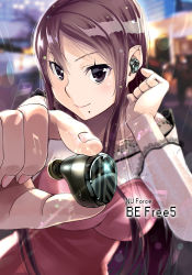  1girl absurdres brown_eyes brown_hair dress earbuds earphones highres holding long_hair looking_at_viewer mole mole_under_mouth musical_note original single_earphone_removed smile solo standing wadapen wireless_earphones 