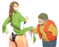 1boy 1girl :d :o age_difference ass blush brown_eyes brown_hair chikan clothes_lift curvy denim dress dress_lift glasses highleg highleg_leotard highres hip_focus jeans leotard liu_mei-xing long_hair muscular muscular_female nappii_(nappy_happy) old old_man open_mouth pants pelvic_curtain pervert ponytail shiny_skin side_slit simple_background smile surprised sweatdrop thick_thighs thighs thong_leotard toned vest white_background wristband rating:Questionable score:24 user:LightningCount