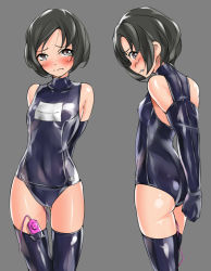  1girl alternate_color armbinder arms_behind_back ass bare_shoulders bdsm black_eyes black_hair black_thighhighs blush bondage bound bound_arms character_sheet clenched_teeth female_focus frown fumi11gou grey_background head_tilt looking_at_viewer multiple_views one-piece_swimsuit original profile school_swimsuit sex_toy shiny_clothes shiny_skin short_hair simple_background skindentation swimsuit teeth thigh_gap thighhighs thighs turtleneck vibrator vibrator_in_thighhighs vibrator_under_clothes  rating:Questionable score:210 user:danbooru