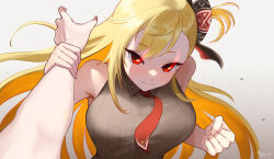  1boy 1girl asymmetrical_bangs bare_shoulders blonde_hair bow breasts clenched_hand closed_mouth collared_shirt dreamoon-q glowing glowing_eyes grey_shirt hair_bow highres holding_another&#039;s_wrist hololive hololive_indonesia incoming_attack incoming_punch kaela_kovalskia kaela_kovalskia_(business_casual) long_hair looking_at_viewer meme necktie official_alternate_costume official_alternate_hairstyle one_side_up pov pov_cheek_grabbing_(meme) pov_hands punching red_eyes red_necktie ribbed_shirt shirt solo_focus upper_body virtual_youtuber 