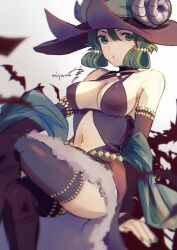  1girl bare_shoulders breasts cloak covered_erect_nipples crossed_legs fake_horns fingernails freckles green_cloak green_eyes green_hair green_nails hat highres horned_hat horned_headwear horns long_fingernails looking_at_viewer medium_breasts miyama_(lacrima01) navel nipples o-ring_strap solo stomach thighhighs unicorn_overlord witch_hat yahna_(unicorn_overlord) 