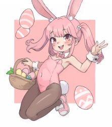  1girl :d animal_ear_fluff animal_ears arm_up bare_shoulders basket black_pantyhose blush border bow bowtie breasts collar commentary covered_navel detached_collar easter_egg egg english_commentary flower full_body hair_flower hair_ornament highleg highleg_leotard holding holding_basket leotard loli long_hair open_mouth original outside_border pantyhose pink_background pink_bow pink_bowtie pink_eyes pink_footwear pink_hair pink_leotard playboy_bunny qtkat rabbit_ears rabbit_girl rabbit_tail raised_eyebrows shoes sidelocks small_breasts smile sneakers solo strapless strapless_leotard tail teeth twintails upper_teeth_only w white_border white_collar white_flower white_tail white_wrist_cuffs wrist_cuffs 