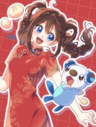  1girl :d ahoge alternate_costume alternate_hairstyle baozi blue_eyes braid brown_eyes bun_cover china_dress chinese_clothes commentary creatures_(company) dress fangs food freckles game_freak gen_5_pokemon grid_background nintendo open_mouth oshawott pokemon pokemon_(creature) pokemon_bw2 print_dress red_background red_dress rosa_(pokemon) shi_mohaji simple_background smile solo symbol-only_commentary twintails 